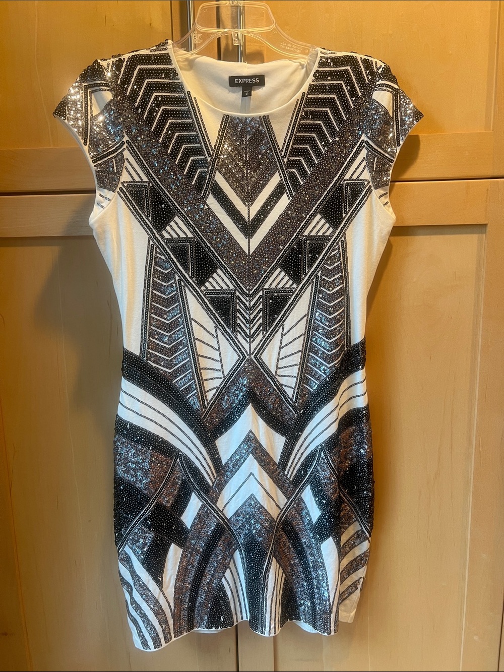 Express Black and White Sequin Geometric Mini Dress